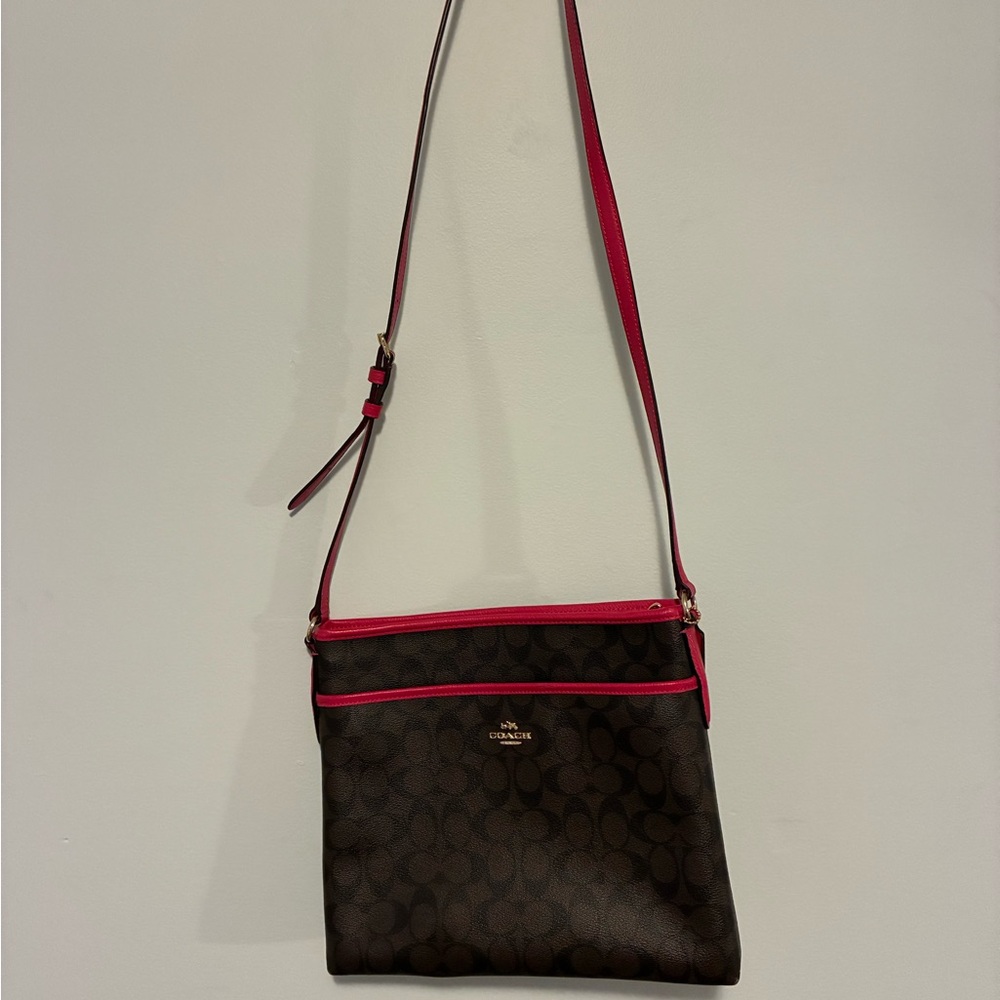 Coach Brown Signature Crossbody with Pink Trim and Strap